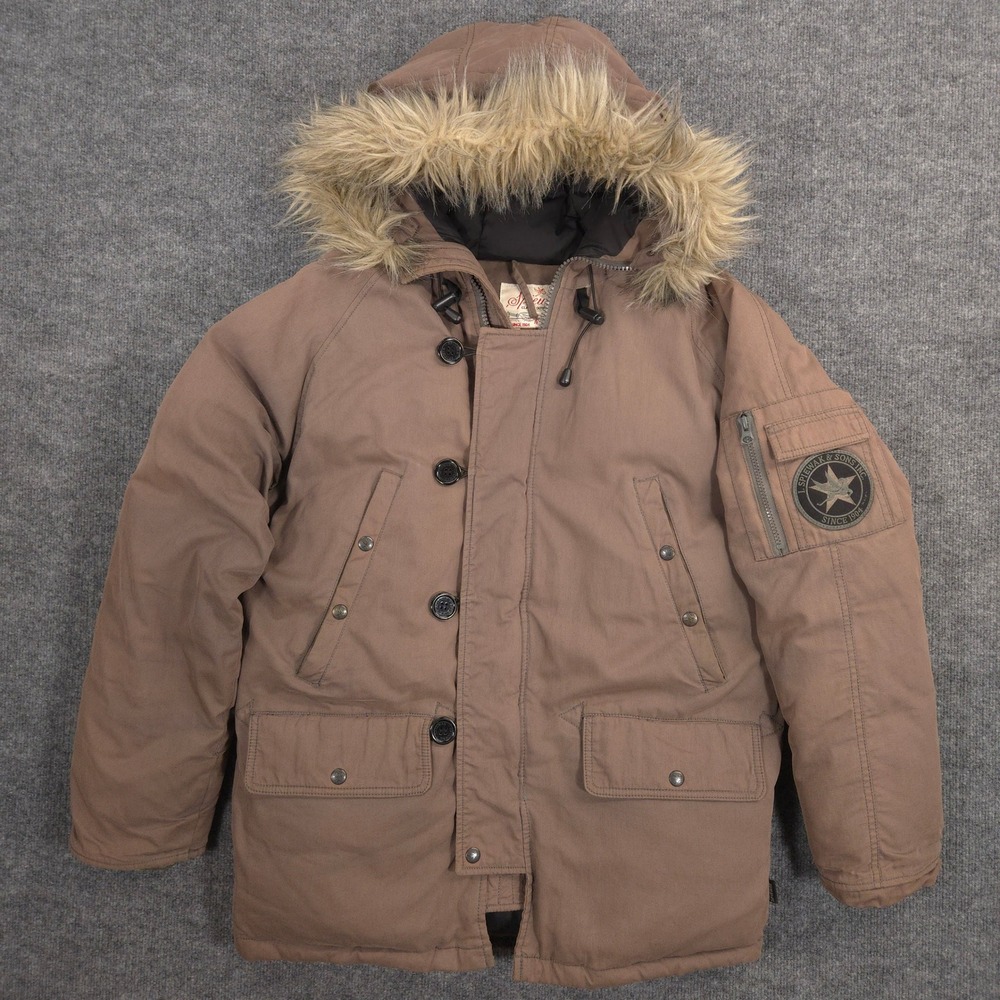 Spiewak Flight‎ Parka Jacket Mens M Taupe Duck Down Insulated Faux Fur Hood